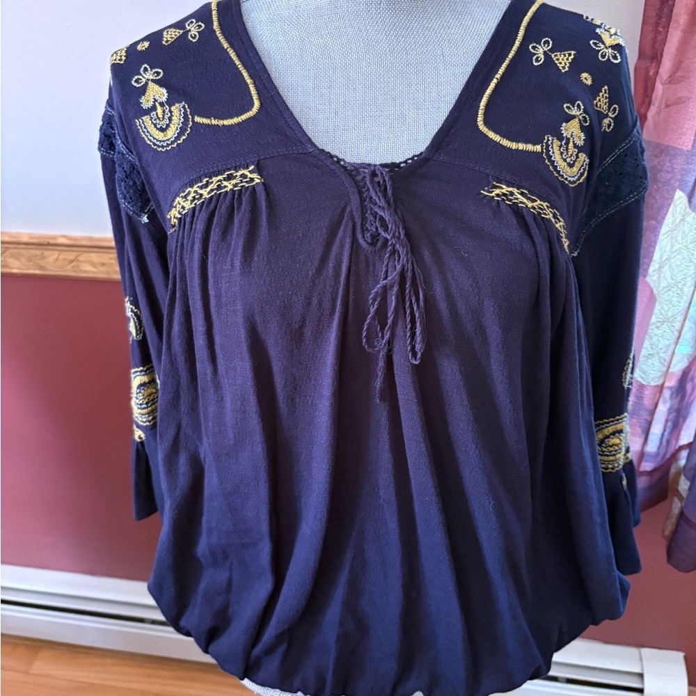Free People Vintage Black Embroidered Top Crochet Detail L
